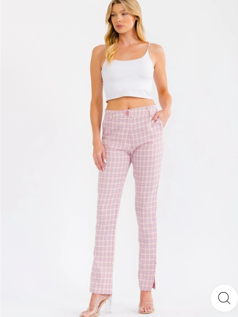 High-Rise Pink Plaid Straight-Leg Pants